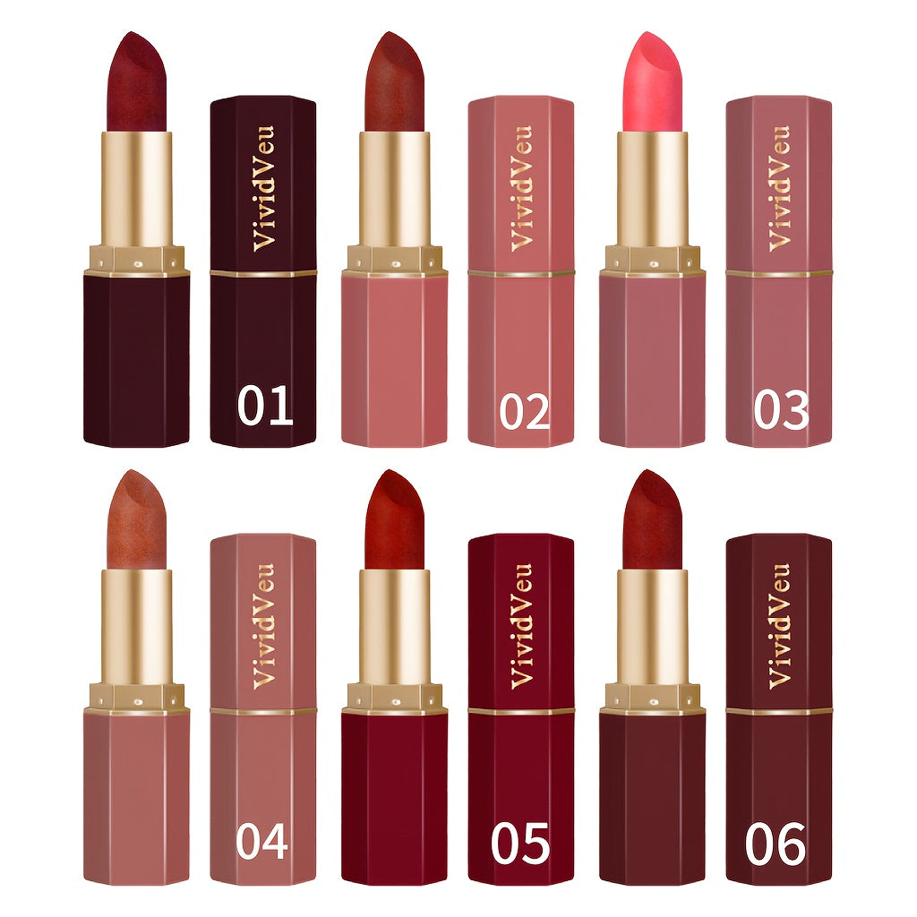 6pcs creamy lipsticks with a smooth and easy-to-apply texture, in berry shades, suitable for all light beige Light Beige tones, enriched with moisturizing ingredients, easy to color, a must-have for Halloween and Christmas.