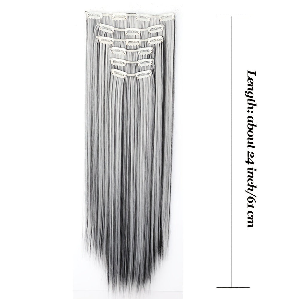 Clip In Hair Extensions Synthetic 6pcs 24 Inch Heat Resistant Black Gray for Women Halloween Costume Party Daily Wear Volume Boosting
