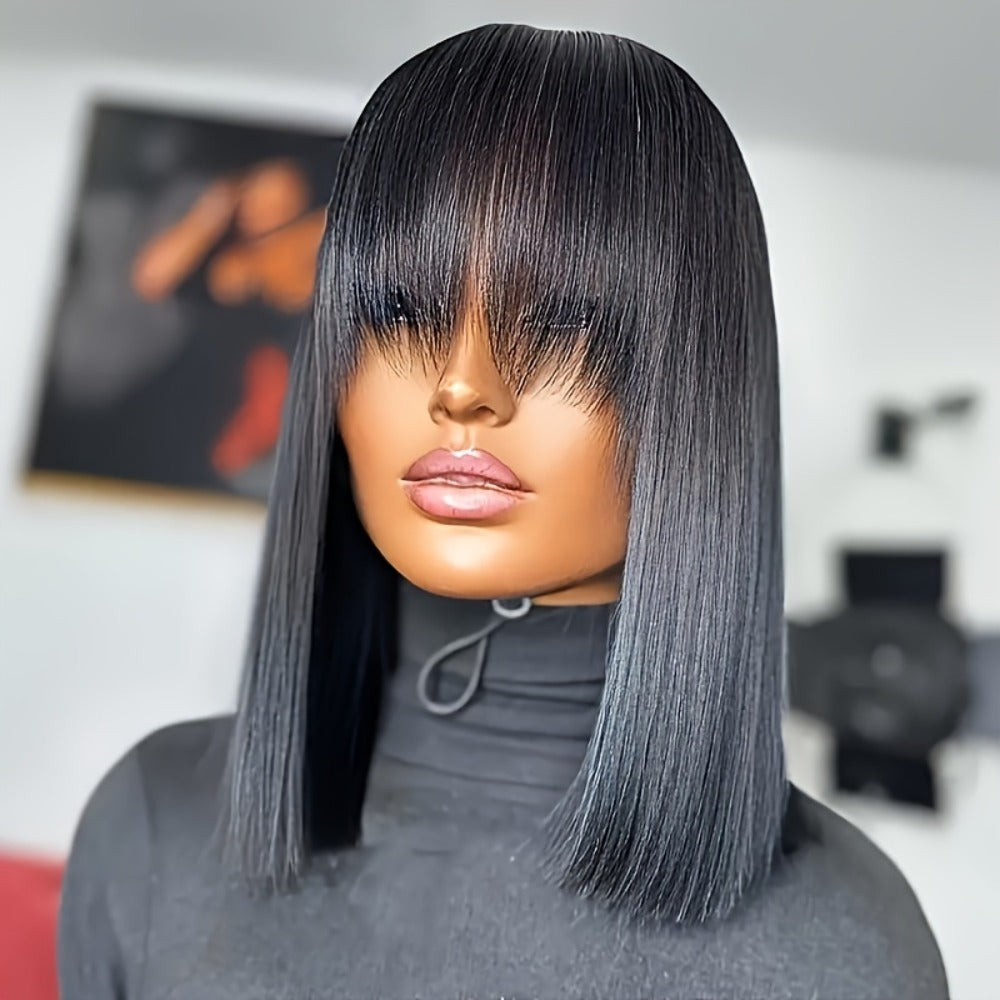 Human Hair Wig with Bangs 250% Density Straight Wig for Women Full Machine Made Wig Natural Black Rose Net Cap Daily Wear Party Festival 10-18 Inch
