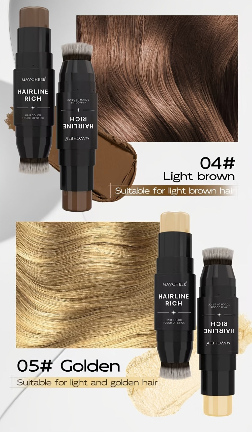 Hair Color Pen Root Touch-Up Stick with Brush | Waterproof Temporary Gray & White Hair Coverage | Plant Squalane Formula | Fast Seamless Application | 3 Shades