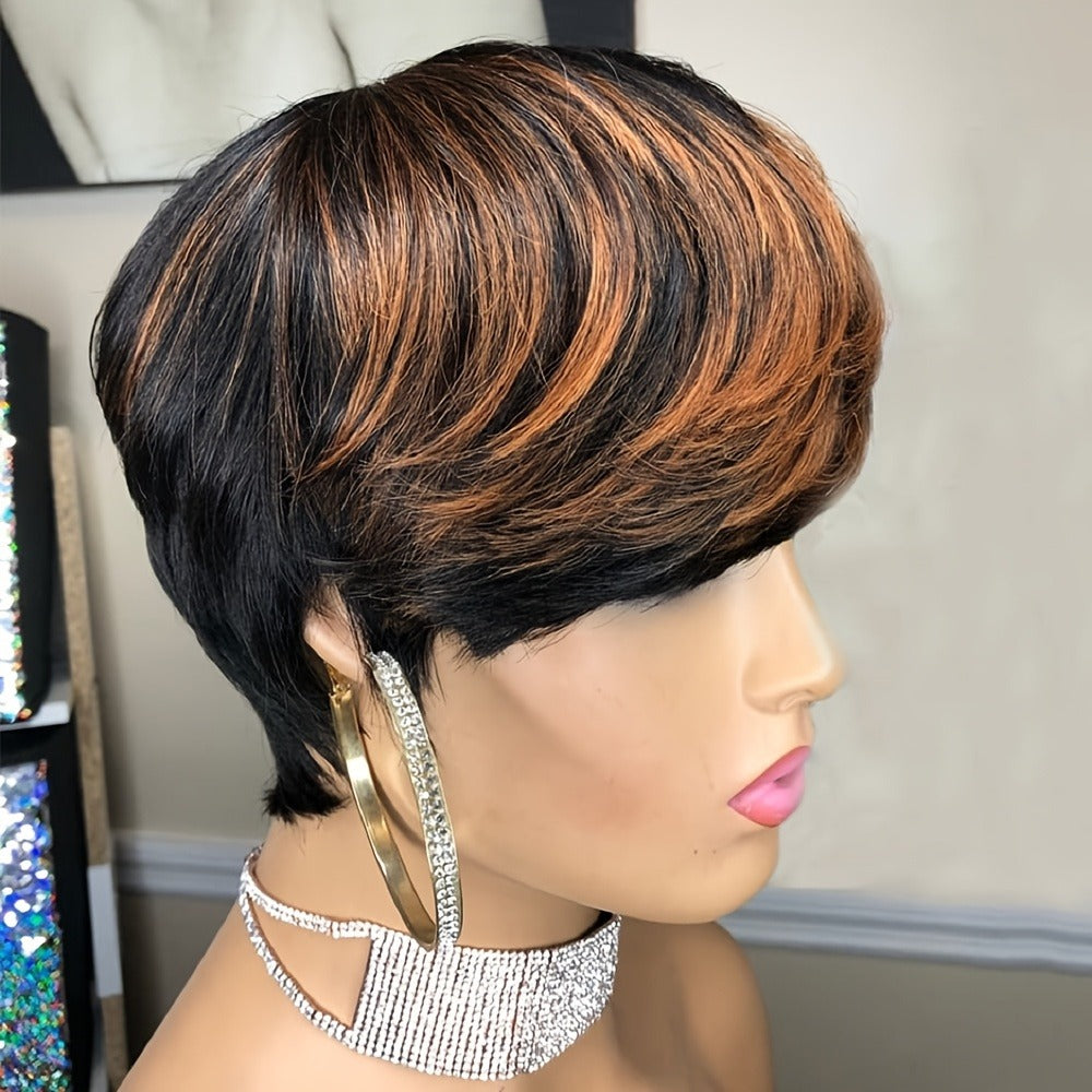 Short Pixie Cut Wig with Bangs Black & Blonde — Layered Style, Brown Blonde Mix, Rose Net Cap, Synthetic Wig for Black Women, 4 Inch Daily Wear