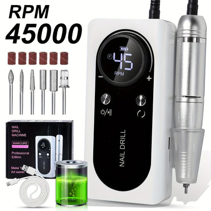 Nail Drill Machine 45000RPM — Portable Rechargeable Electric E-File with LCD Display for Acrylic Gel Polish Natural Nails, Professional High-Speed Cordless Nail Sander for Salon & Home Manicure Pedicure