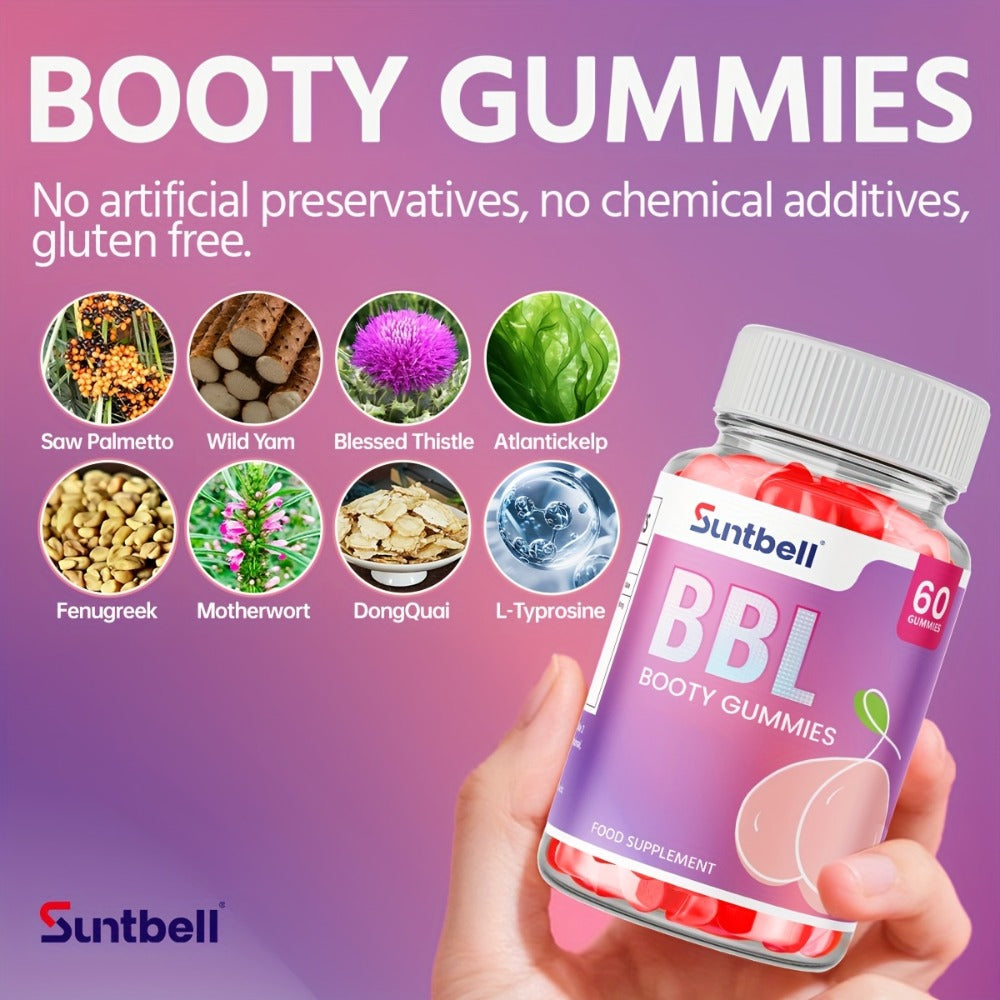 BBL Booty Gummies With Saw Palmetto And Wild Yam, Support Natural Curves, Peach Shape Hips And Feminine Silhouette, Plant-Based Formula For A Fuller, Rounder Look
