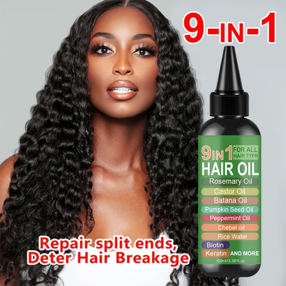 Rosemary Hair Oil 9-in-1 100ml — Rice Water, Castor, Batana, Biotin & Keratin Blend, Moisturizing Smoothing Split End Repair Hair Oil for All Hair Types