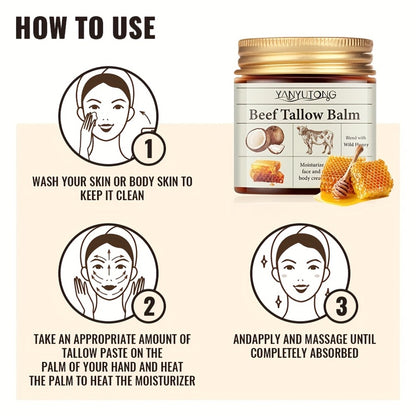 Beef Tallow & Raw Honey Face + Body Cream — 100% Grass-Fed Minimalist Formula with Vitamin E, Dual-Action All-Over Moisturizer for All Skin Types, Men & Women, 120g