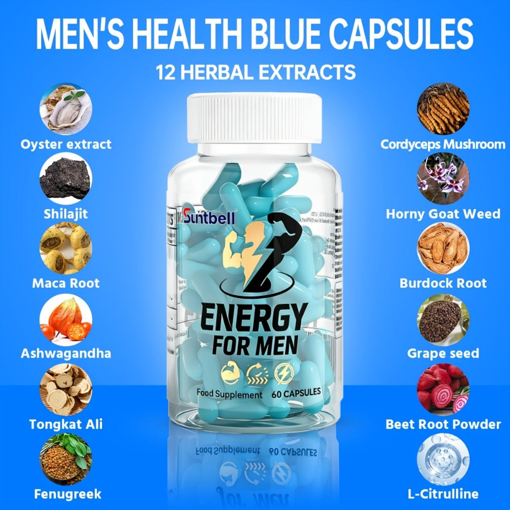 Energy Supplement for Men, with Horny Goat, Tongkat Ali, Maca, L-Citrulline, Support Hormone, Provide Energy, Men's Health Capsules, Gift for Lover, 60 Capsules