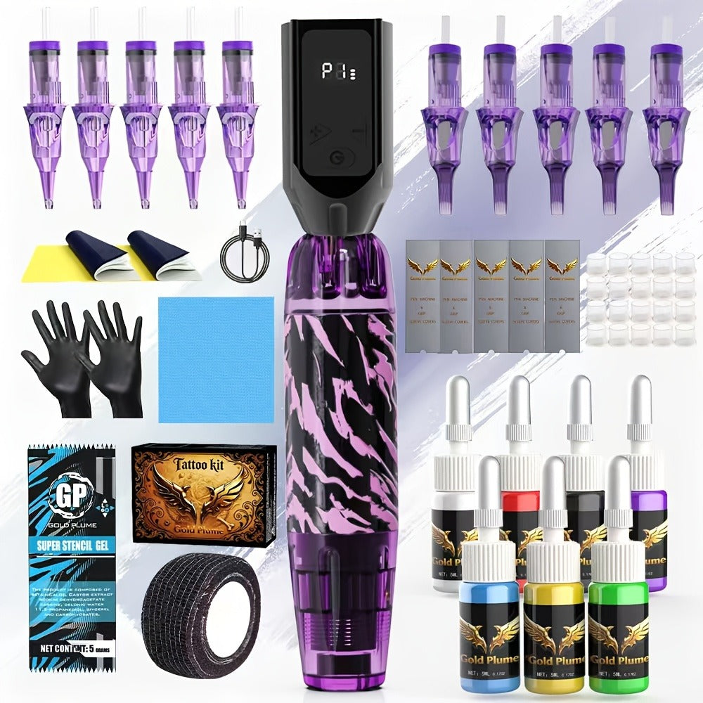 GOLDPLUME Tattoo Gun Kit Complete Set, Wireless Tattoo Gun Kit, Tattoo Gun with 1500Mah Tattoo Power Supply, 10 Tattoo Needles And 7 Bottles of Tattoo Ink And Other Tattoo Supplies, Complete Tattoo Set for Beginners And Tattoo Masters, Perfect Gift