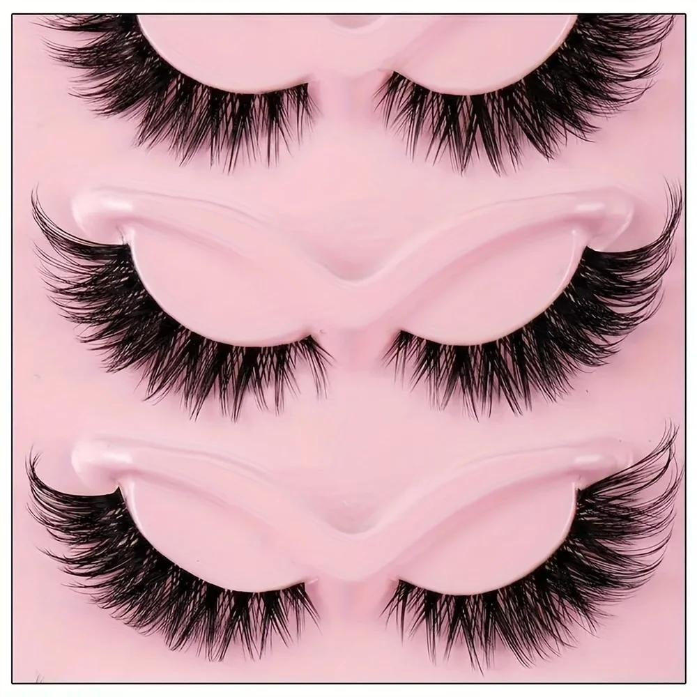 3 Boxes (15 Pairs) of Cat-Eye False Eyelashes, Featuring Natural Long Manga Lashes with Winged Tips for an Elongated Eye Appearance