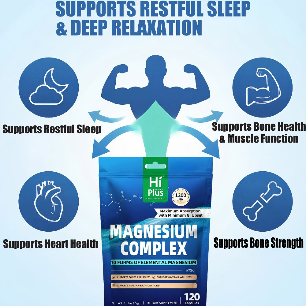 10-in-1 Magnesium Glycinate Complex (1200mg) - Full Spectrum High Absorption Blend - Supports Deep Sleep, Calm - Heart, Bone & Nerve Health - Gentle On Stomach - Vegan Supplement (120 Caps) By HiPlus
