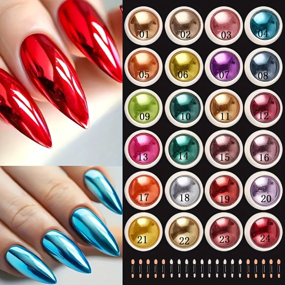 Magic Mirror Nail Art Powder 24 Colors Holographic Chrome Metallic Effect Reflective Glazed Manicure Decoration Rubbing Glitter Non-Discoloring Set
