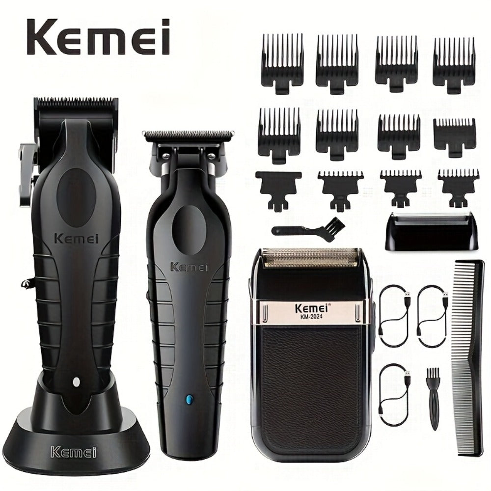 Kemei 3pcs/1Set USB Rechargeable Men'S Professional Electric Hairdresser And Razor Set - High-Precision Cordless Grooming Set with Beard Trimmer for A Close Shave Suitable for Home And Salon Use Ideal Gift for Dad!
