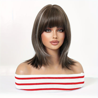 Layered Synthetic Wig with Bangs Brown Highlight Gradient Ombre Rose Net Cap Heat Resistant Women Elegant Daily Party 14 Inch Medium Length