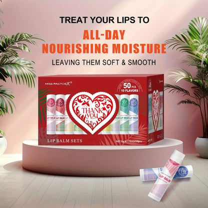 Lip Gloss Set 50 Pieces - Moisturizing Fruit Flavored Lip Balm Kit, 10 Colors Hydrating Lip Care for Dry & Cracked Lips, Holiday Gift Set for Women
