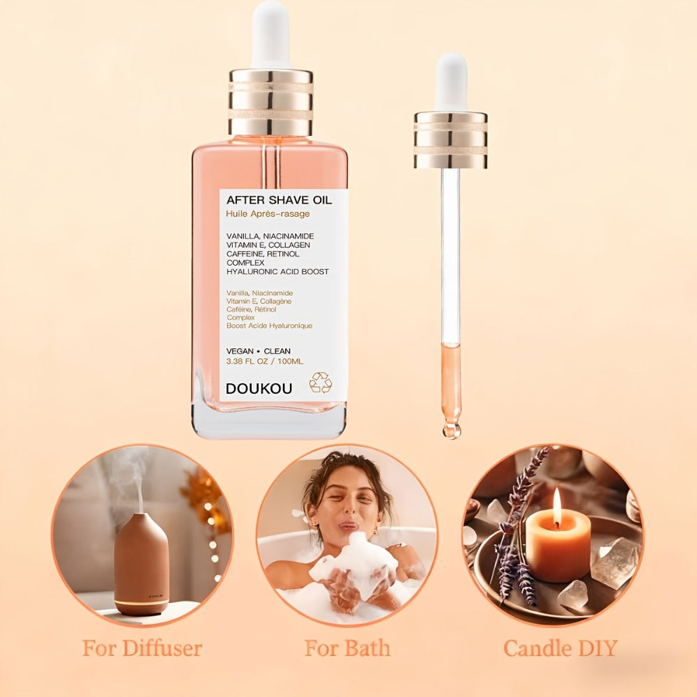Vanilla Aftershave Oil Enriched with Essential Oils, Featuring Vanilla, Collagen, Vitamin E, Caffeine, Retinol, And Niacinamide. It Provides Hydration, Prevents Ingrown Hairs for a Smooth End, And Is Suitable for Hair And Skin Care, Massage