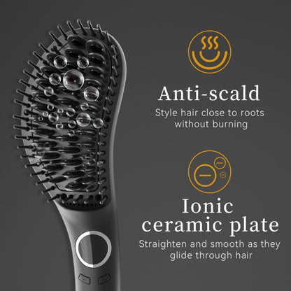 Ceramic Hair Straightener Brush 30 Sec Fast Heat Anti-Scald Straightening Comb with Soft Touch Body for Home Travel Salon Use Women Gift Black