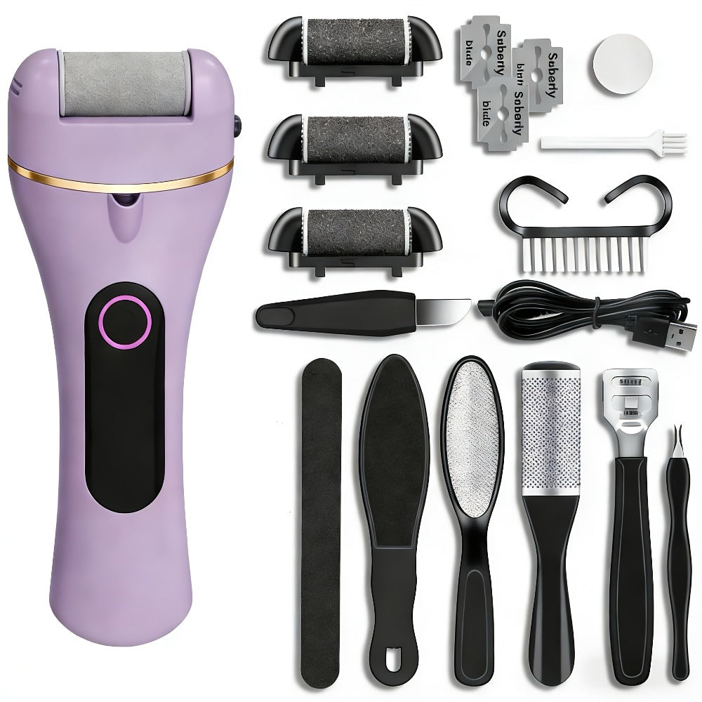 14-in-1 Rechargeable Electric Foot Remover Kit - Professional Pedicure Set with 3 Rollers, 2 Speeds, Battery Display, Foot File, Foot Scrubber, USB Powered, Lithium Battery, Plastic Material, Includes Power Adapter, No Display, for Home and Salon Use, Sal