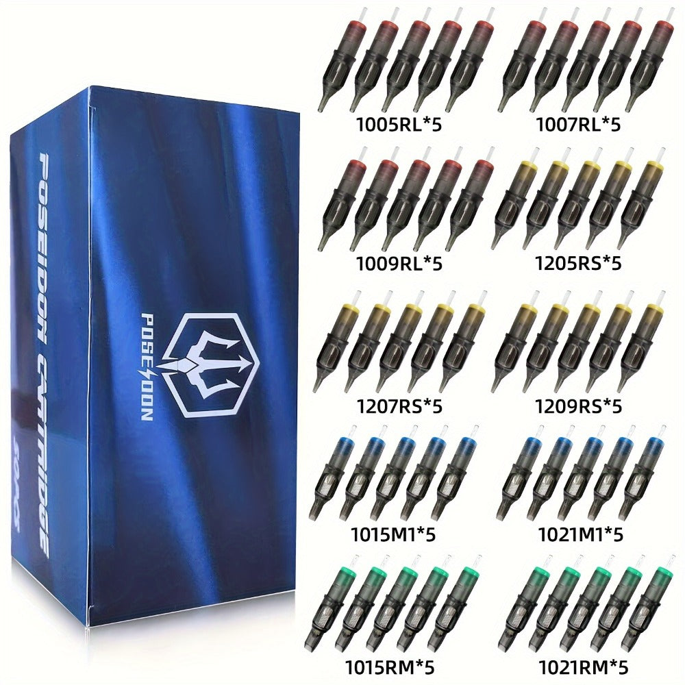 Poseidon Tattoo Cartridge Needles 50pcs Assorted Mixed Size Round Liner Shader Magnum Curved/Round Mag 5Rl 7Rl 9Rl 5Rs 7Rs 9Rs 15M1 21M1 15Cm 8.27inch Disposable Membrane Tattoo Needles
