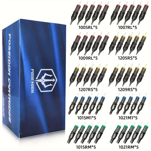 Tattoo Cartridge Needles 50Pcs Mixed - Poseidon TUV Round Liner Shader Magnum 5RL 7RL 9RL 5RS 7RS 9RS 15M1 21M1 Disposable Membrane Safety Cartridge Needles for All Tattoo Machines