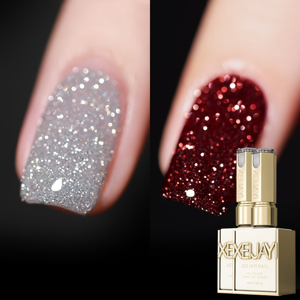 XEIJAYI Golden-Plated Bottle Silvery-Red Shattered Flash --- Nail Gel Silvery-Red Shattered Super Bright Explosive Shattered Sparkling Gel Nail Polish, Long-Lasting High Saturation Firm Gel Suitable for Salon Manicure Women'S Christmas Gift