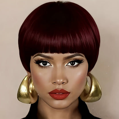Human Hair Pixie Cut Wig with Bangs 180% Density No Glue Machine Made Breathable Cap Women Black Burgundy Short 6 Inch Daily Wear Party