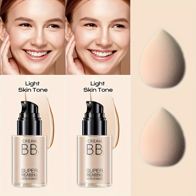 2pcs BB Cream And Setting Powder Set (includes Makeup Tools) Winter Moisturising Concealer Transparent Oil-Free Mattifying Setting Powder Long-lasting Wear Women's Make-up Set Mother's Day Gift