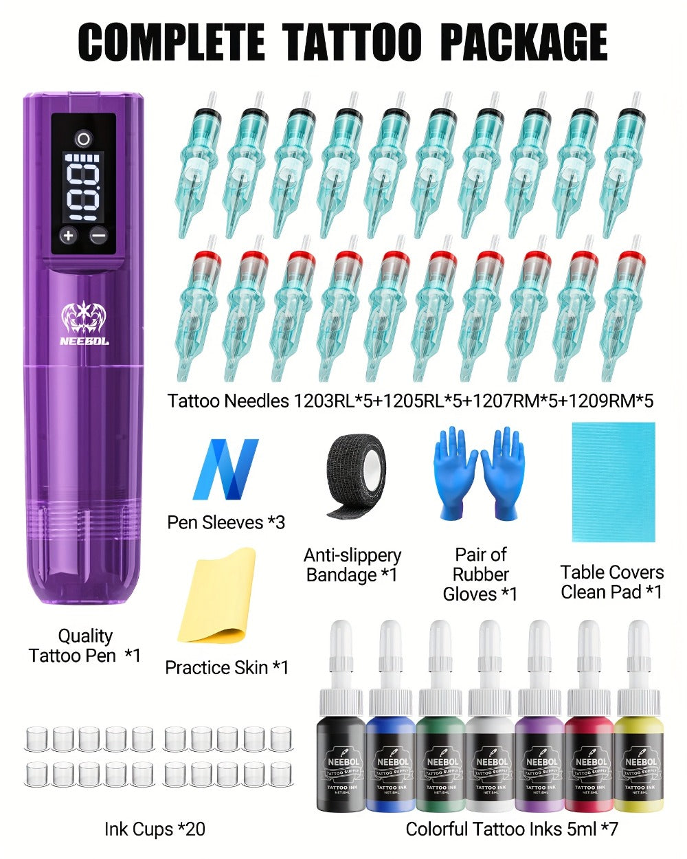 Neebol Wireless Tattoo Machine Kit Complete, Tattoo Pen With Screen Display, Tattoo Gun, 6 Hours Battery Life, Practice Skin, 10 Red Cartridge Needles, 7 Inks, Tattoo Supply Equipment For Beginners And Tattoo Artists, Makeup Body Art Easter Gifts