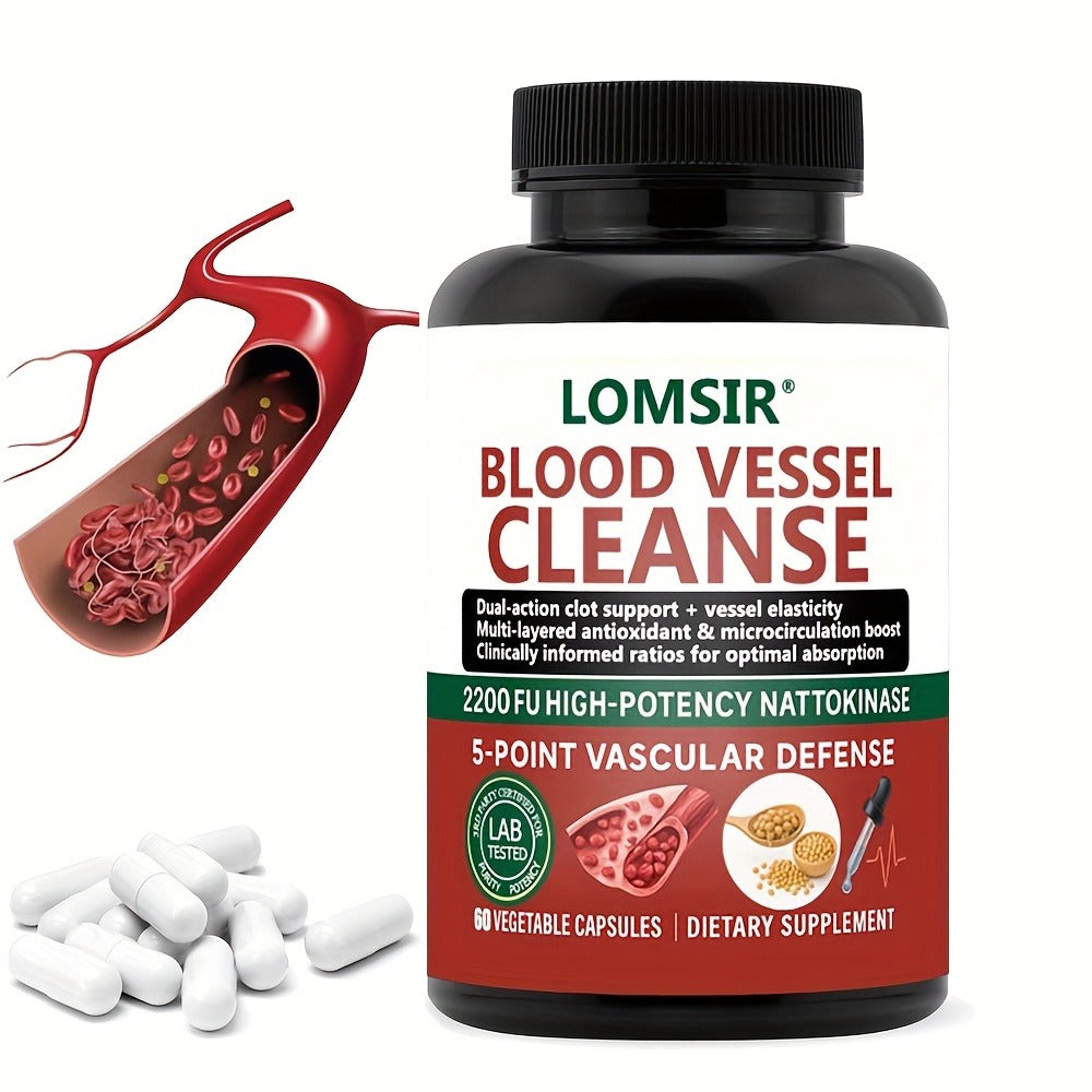 Blood Vessel Cleanse Capsules - Nattokinase Supplement with Gamma Oryzanol, Supports A Healthy Circulatory System - 60 Capsules