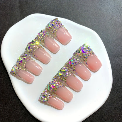Nail Tips Press On Duckbill French AB Diamond Shiny – Nude Color Long Handmade Wearable Nails | 10pcs Set with Tools for School, Party, Date & Wedding, S/M/L