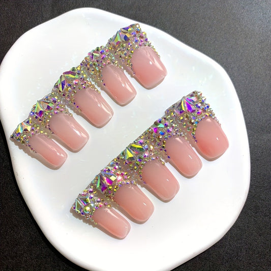 10pcs 1.18inch Long French AB Diamond Shiny Duckbill Nude Color Versatile Pure Handmade Wearable Nails Press-On Artificial Nails Suitable for Back-To-School Season, Parties, Dates, Weddings
