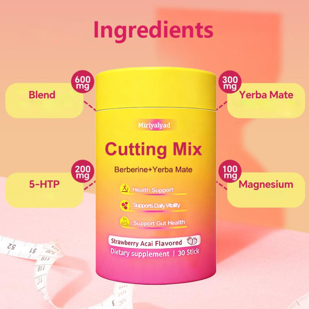 30 Strawberry Acai Flavored Sticks • Vegan Cutting Mix Dietary Supplement with Berberine And Yerba Mate • Natural Support • Gluten-Free • Dairy-Free • Perfect Family Gift