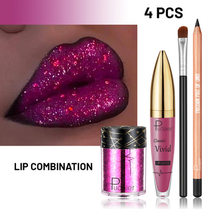 Glitter Lip Makeup Set - Sparkling Lip Glitter Kit with Lip Liner Lip Gloss Chunky Glitter & Lip Brush - Metallic Lip Combo for Party Festival Rave Makeup Gift for Women