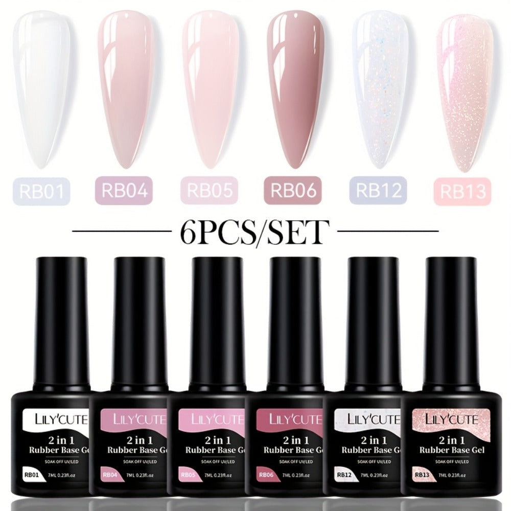 LILYCUTE 0.24oz 6pcs 2 In1 Rubber Base Gel Nude Pink Color Soak Off LED Semi Permant Self-leveling Gel Nail Art Varnish