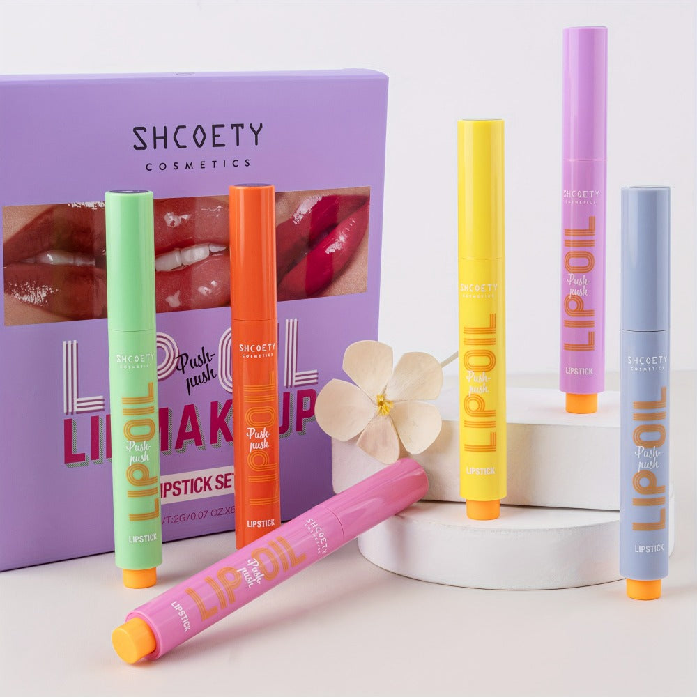 Lip Gloss Set 6 Pcs Neon Colors Moisturizing Press-On Lipstick Glossy Finish Long-Lasting Lip Makeup Gift Set for Women Valentine's Day