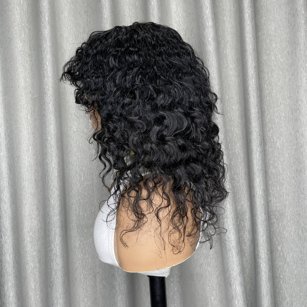 Water Wave Wig with Bangs Remy Human Hair Glueless Full Machine Made Rose Net Cap Non-Lace Natural Look Daily Wear & Party 16 Inch Black & 1B