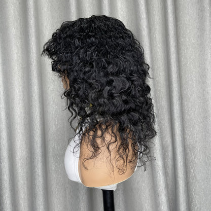 Water Wave Wig with Bangs Remy Human Hair Glueless Full Machine Made Rose Net Cap Non-Lace Natural Look Daily Wear & Party 16 Inch Black & 1B