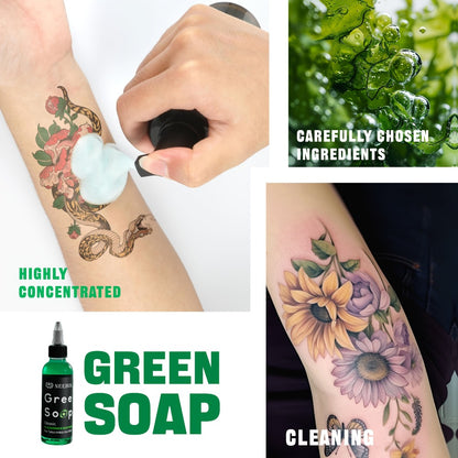 Tattoo Green Soap Concentrated Cleaning Solution 8.5oz with Squeeze Bottle Skin Prep Before & After Tattooing Moisturizing Balm Cream Lint-Free Wipes Kit