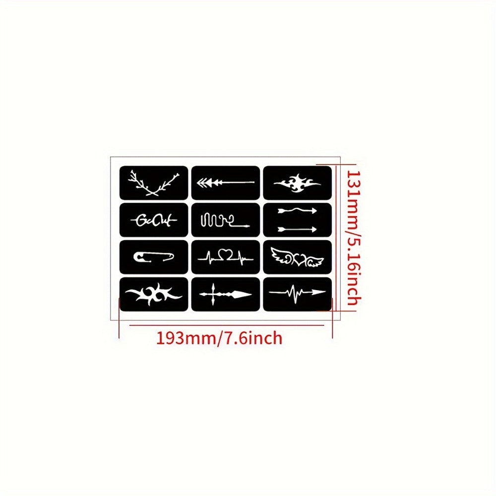 12 Sheets Temporary Tattoo Stencils Set for DIY Body Art, Unisex Hollow Design Templates with Various Patterns for Arm, Ankle, Behind Ear, Waterproof Juice Paste Freehand Ink - Creative Home Tattoo Project, Oblong Shape (Ink Not Included)