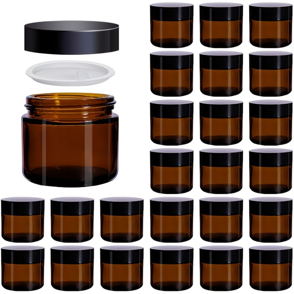Frosted Glass Jars with Lids – 24 Pack 2 oz Brown Glass Cosmetic Containers with Spoons & Labels, Non-Slip Base, Multi-Purpose Storage for Lotion, Powder, Candle Making, Makeup & Skincare