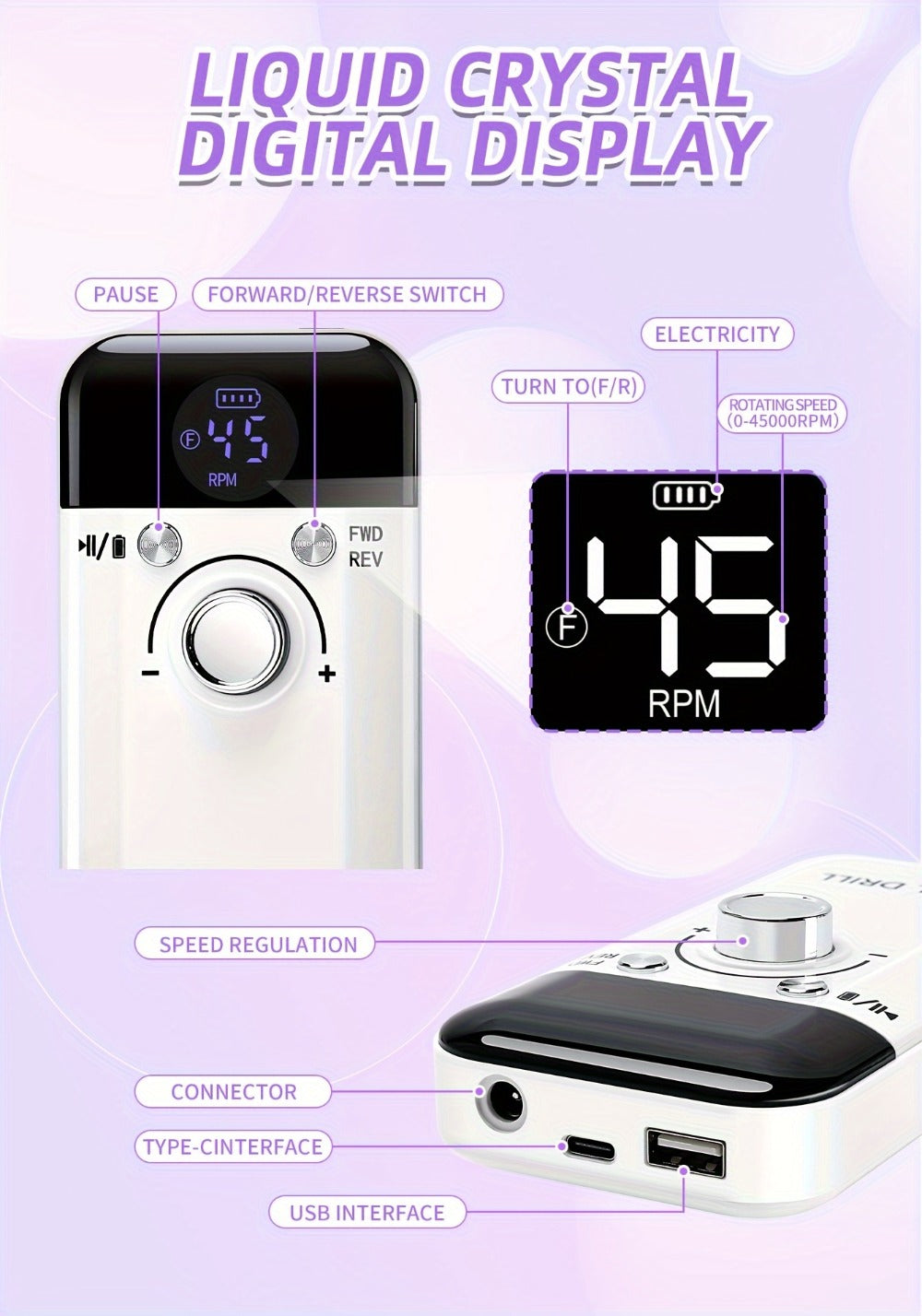 45, 000 RPM Electric Nail Drill Machine for Manicures Featuring an LCD Display, Rechargeable And, Designed for Gel Nails