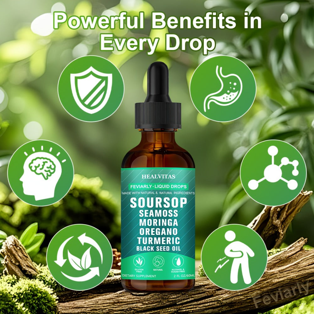 Soursop Liquid Drops | Soursop Bitters Liquid Drops 10in 1 with Sea Moss, Moringa, Turmeric, Black Seed Oil, Oregano, Ashwagandha | Herbal Extracts for Overall Health Supports