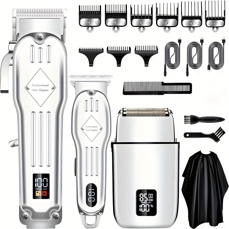 Grooming Combo Set for Men Hair Clipper Foil Shaver Detail Trimmer Adjustable Blades USB Rechargeable LCD Display Complete Accessories Home Barbershop Kit