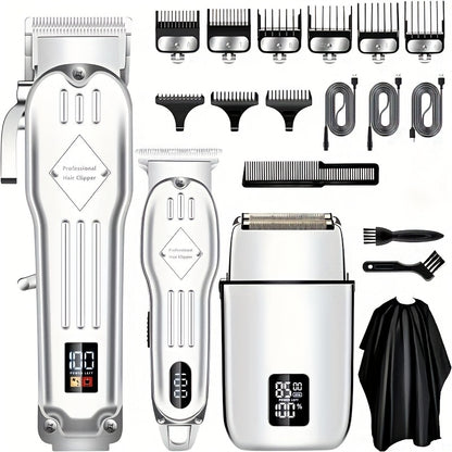 Grooming Combo Set for Men Hair Clipper Foil Shaver Detail Trimmer Adjustable Blades USB Rechargeable LCD Display Complete Accessories Home Barbershop Kit