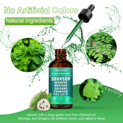 Soursop Bitters Liquid Drops 10-in-1 — with Sea Moss, Ashwagandha, Moringa, Turmeric & Black Seed Oil | Plant-Based Herbal Extract | Sugar-Free | 2.03 fl oz