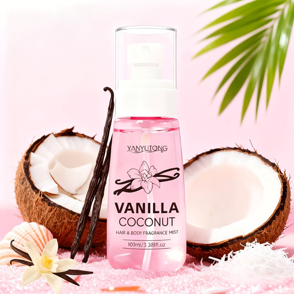 Coconut Vanilla Fragrance Mist Hair & Body Spray Alcohol-Free Vitamin E Argan Oil Glycerin Moisturizing Long-Lasting Floral Scent for Women 100ml Gift
