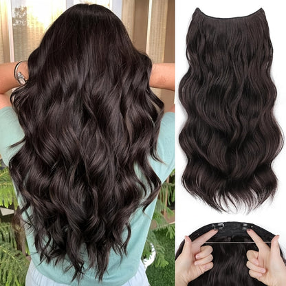 Invisible Wire Hair Extensions 22 Inch — Fish Line Transparent Headband 4 Clips, Long Wavy Hairpiece for Women Thin Fine Hair, 7 Colors 1B 613 Ombre, No Glue No Heat Damage Free