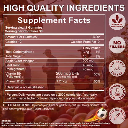 Apple Cider Vinegar Gummies with Pomegranate, Beet Juice & B12 - Keto ACV Gummies for Weight Management, Digestion & Energy - Vegan Probiotic Supplement for Men & Women, 60 Gummies