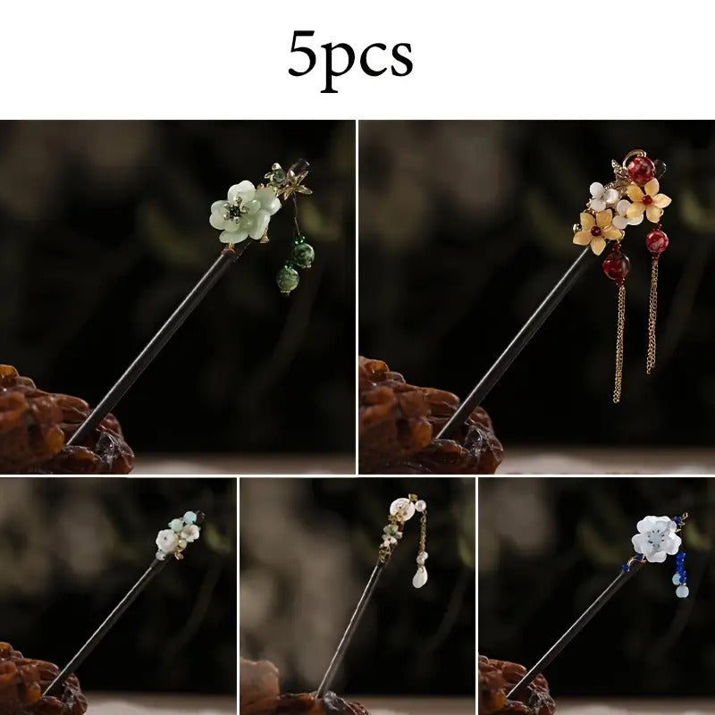 5pcs Flower Wooden Hairpins, New Style Retro Minimalist Hair Accessories, Back of Updo Hair Ornaments, Gifting