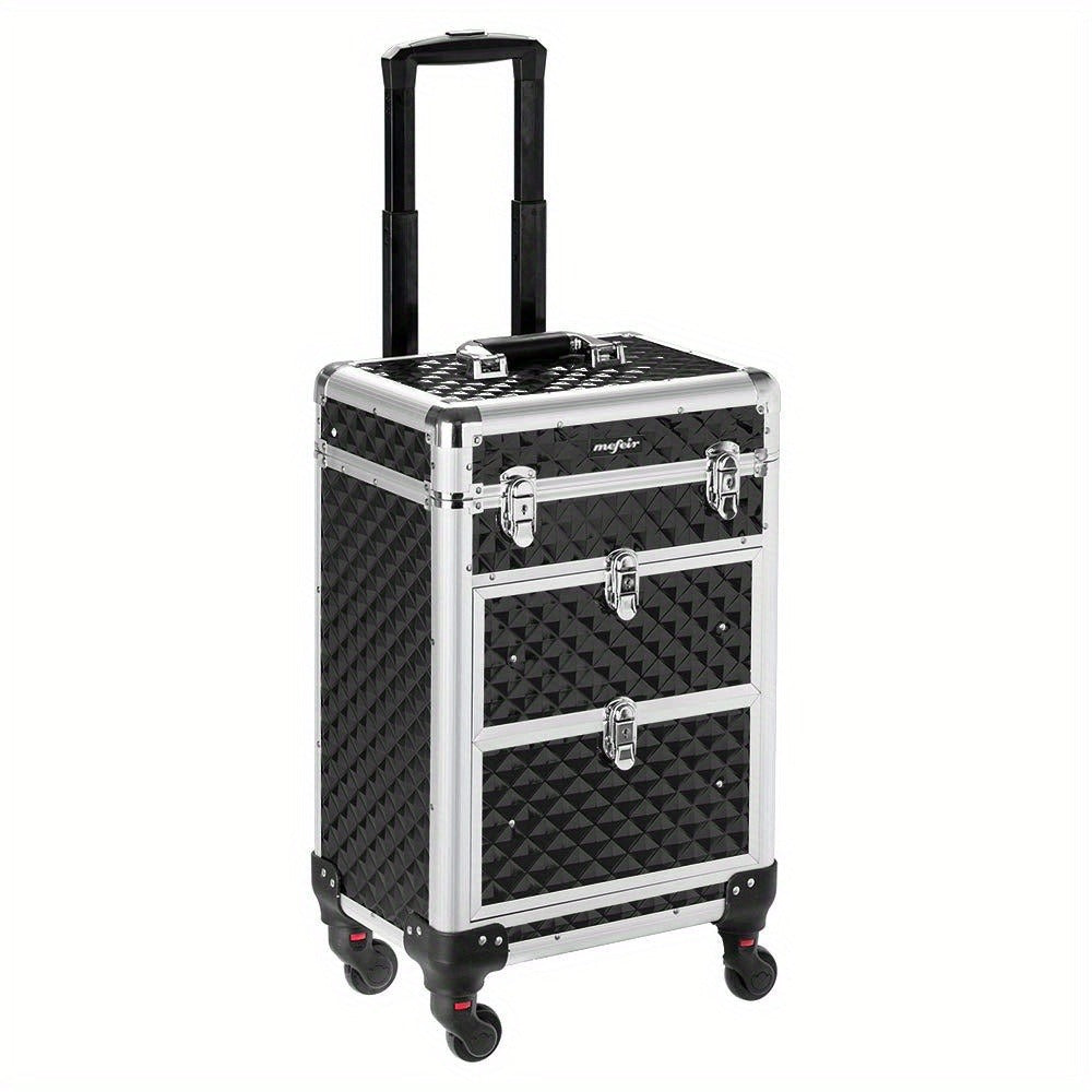 Rolling Makeup Train Case Aluminum Lockable Trolley with 4 Wheels 2 Sliding Drawers Telescopic Rod Portable Cosmetic Organizer Suitcase for Makeup Artists Salon Travel Beauty Storage Black