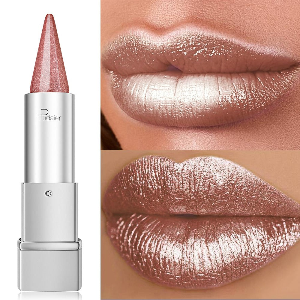 Pearlescent Metallic Lipstick Waterproof 24H Long-Lasting 5 Shades - Sparkle Pearl Finish Non-Fading Non-Stick Cup Hydrating Lip Color Fashion Makeup Women