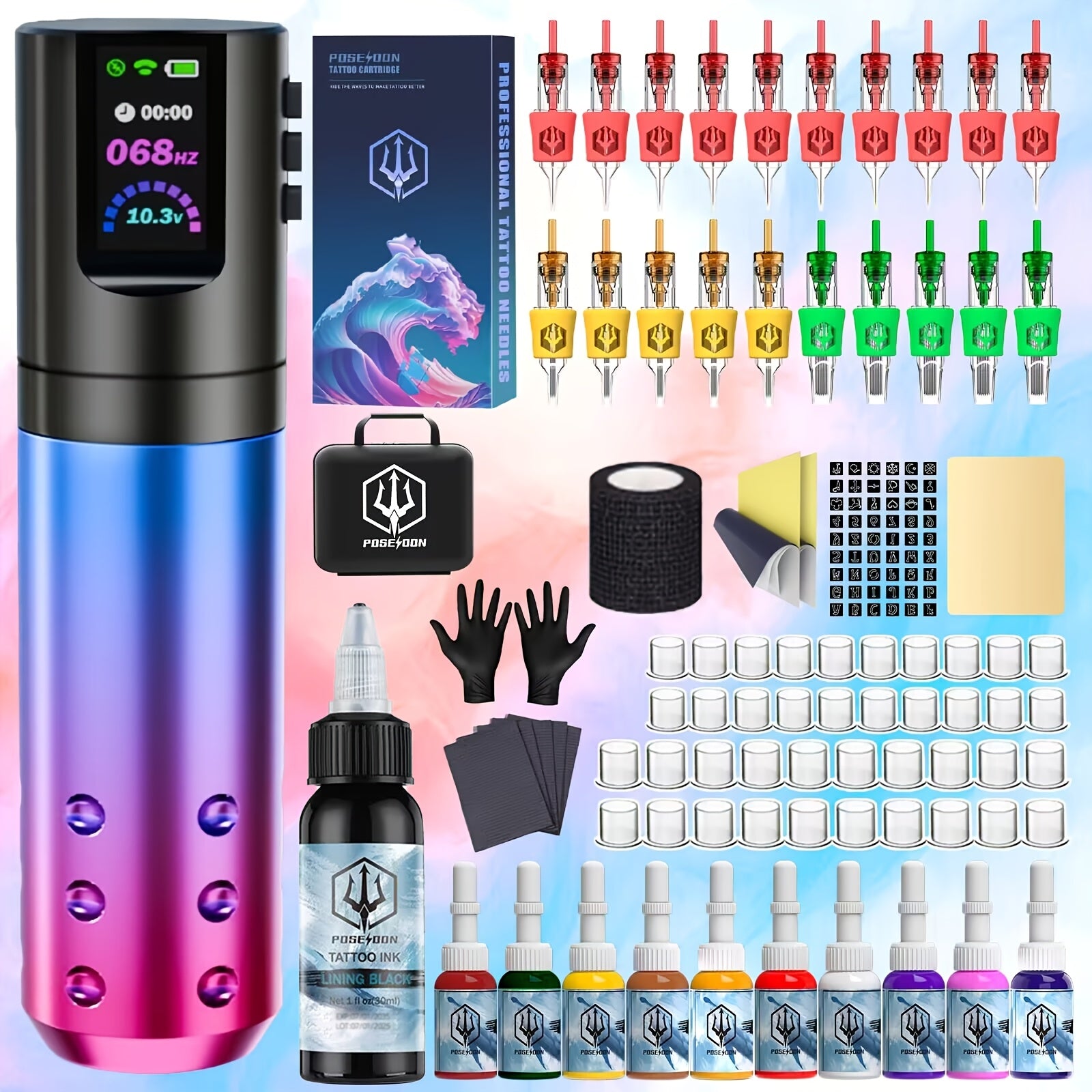 POSEIDON Tattoo Pen Kit, Wireless Rotary Tattoo Gun Kit, LED Color Screen Tattoo Machine Kit with 20pcs Tattoo Cartridge Needles, 11 Tattoo Inks for Beginners